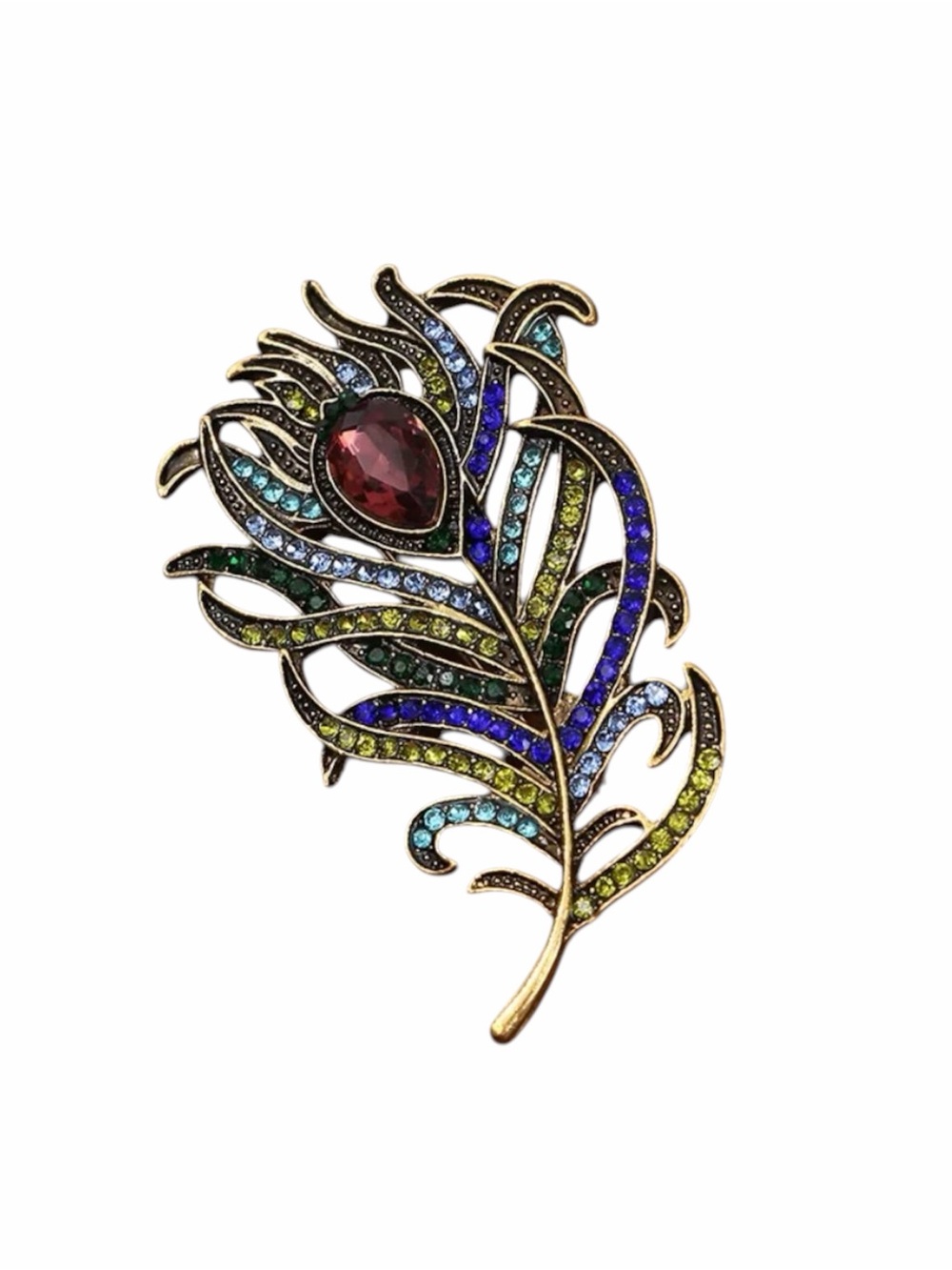 Multicolor Crystal Peacock Feather Brooch NWT